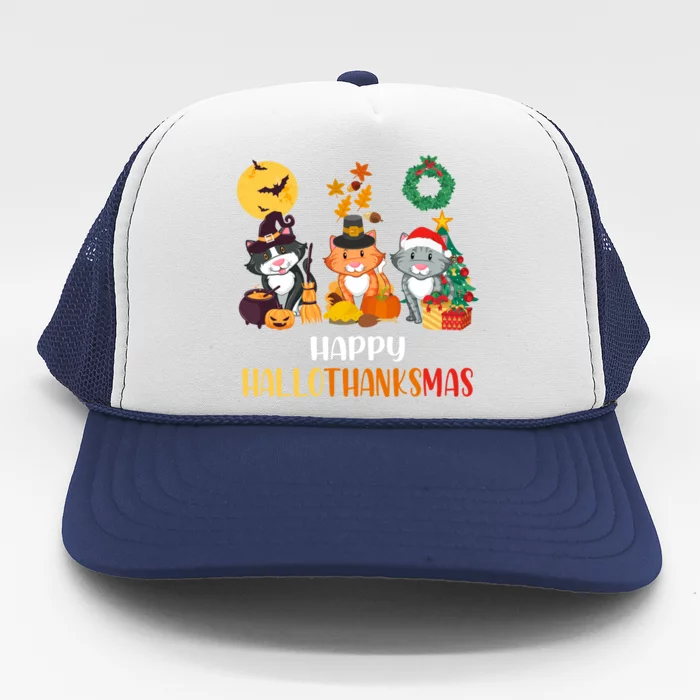 Cat Halloween Christmas Happy Hallothanksmas Thanksgiving Trucker Hat