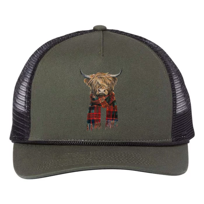 Cute Highland Cow Wearing Buffalo Plaid Scarf Farming Farmer Gift Retro Rope Trucker Hat Cap