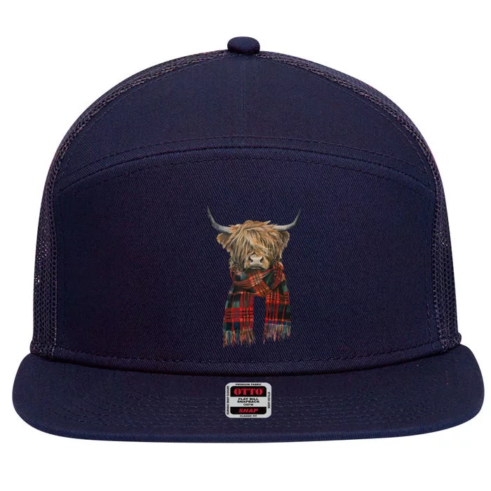 Cute Highland Cow Wearing Buffalo Plaid Scarf Farming Farmer Gift 7 Panel Mesh Trucker Snapback Hat