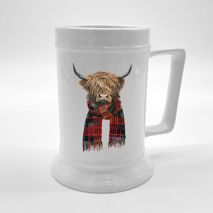 Cute Highland Cow Wearing Buffalo Plaid Scarf Farming Farmer Gift Front & Back Beer Stein