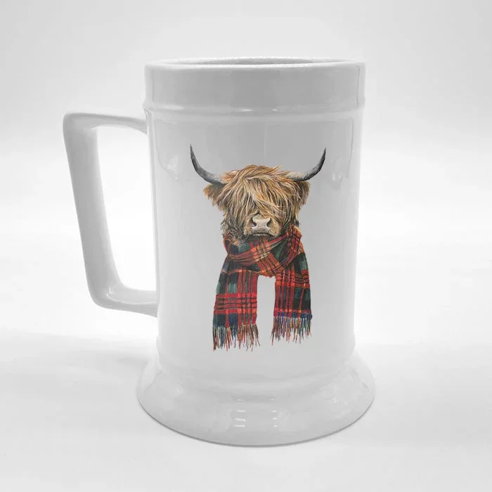 Cute Highland Cow Wearing Buffalo Plaid Scarf Farming Farmer Gift Front & Back Beer Stein