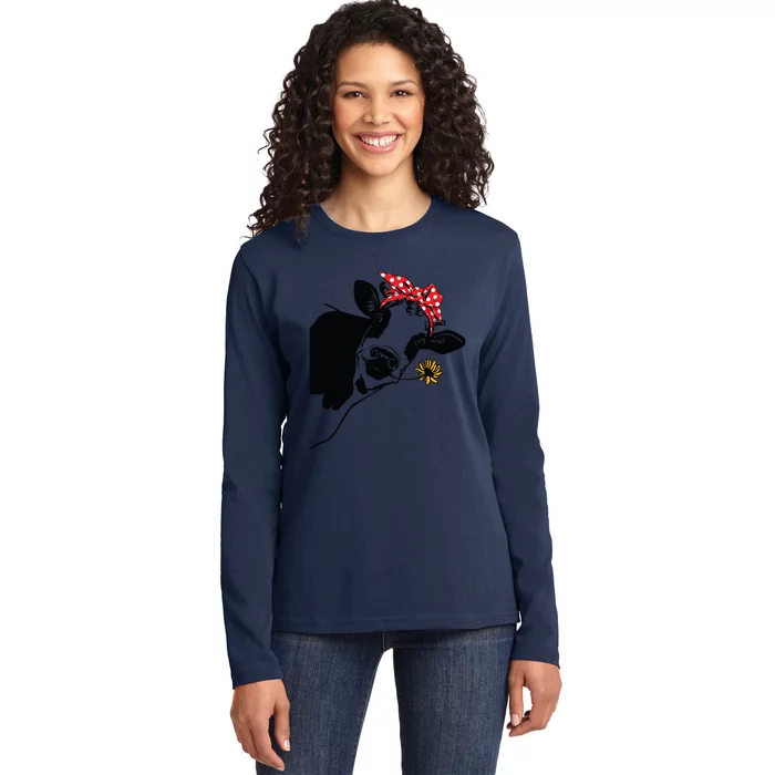 Cute Heifer Cow With Bandana Headband And Glasses Ladies Long Sleeve Shirt