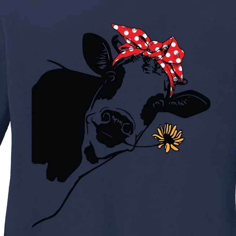 Cute Heifer Cow With Bandana Headband And Glasses Ladies Long Sleeve Shirt