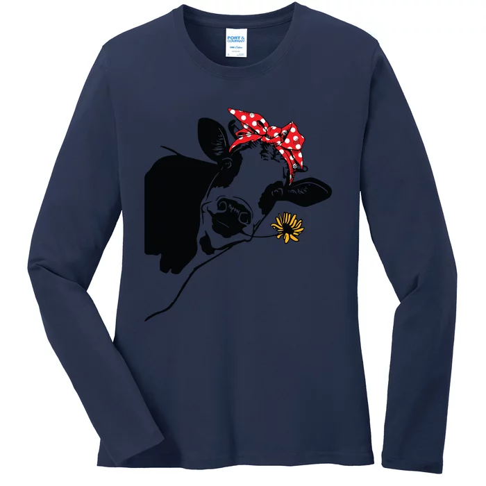 Cute Heifer Cow With Bandana Headband And Glasses Ladies Long Sleeve Shirt