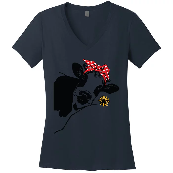 Cute Heifer Cow With Bandana Headband And Glasses Women's V-Neck T-Shirt