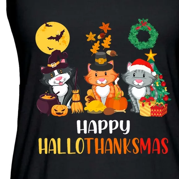 Cat Halloween Christmas Happy Hallothanksmas Thanksgiving Ladies Essential Flowy Tank