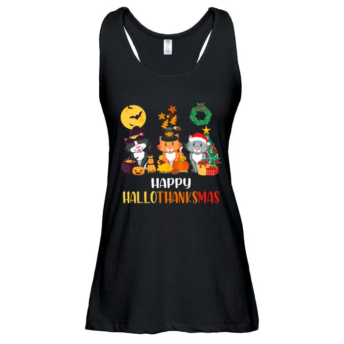 Cat Halloween Christmas Happy Hallothanksmas Thanksgiving Ladies Essential Flowy Tank