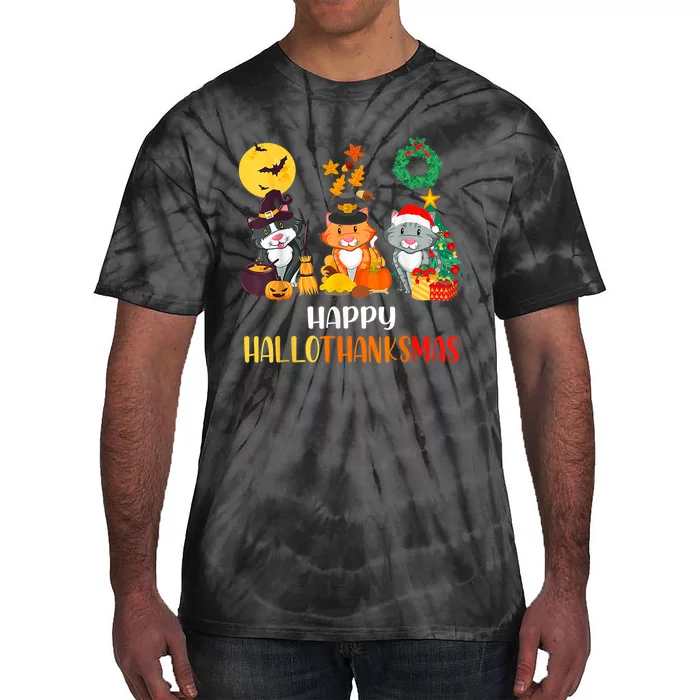 Cat Halloween Christmas Happy Hallothanksmas Thanksgiving Tie-Dye T-Shirt