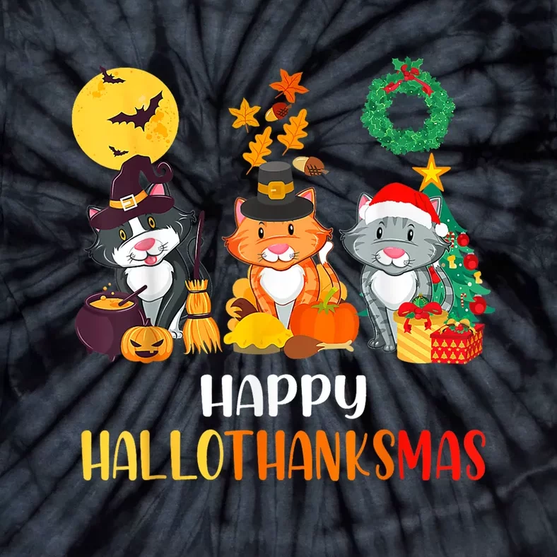 Cat Halloween Christmas Happy Hallothanksmas Thanksgiving Tie-Dye T-Shirt