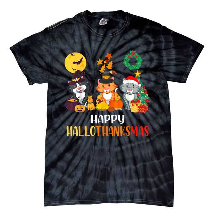 Cat Halloween Christmas Happy Hallothanksmas Thanksgiving Tie-Dye T-Shirt