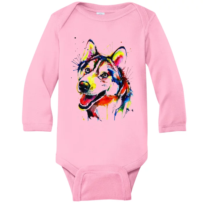 Colorful Husky Dog Lover Dad Mom Funny Baby Long Sleeve Bodysuit