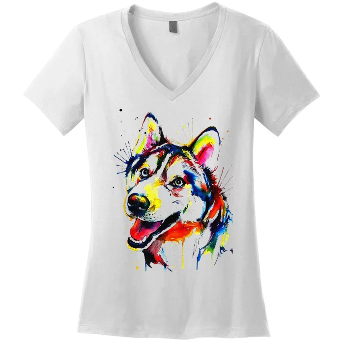 Colorful Husky Dog Lover Dad Mom Funny Women's V-Neck T-Shirt