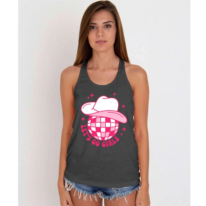 Cowboy Hat Disco Ball Lets Go Girls Western Cowgirls Women's Knotted Racerback Tank