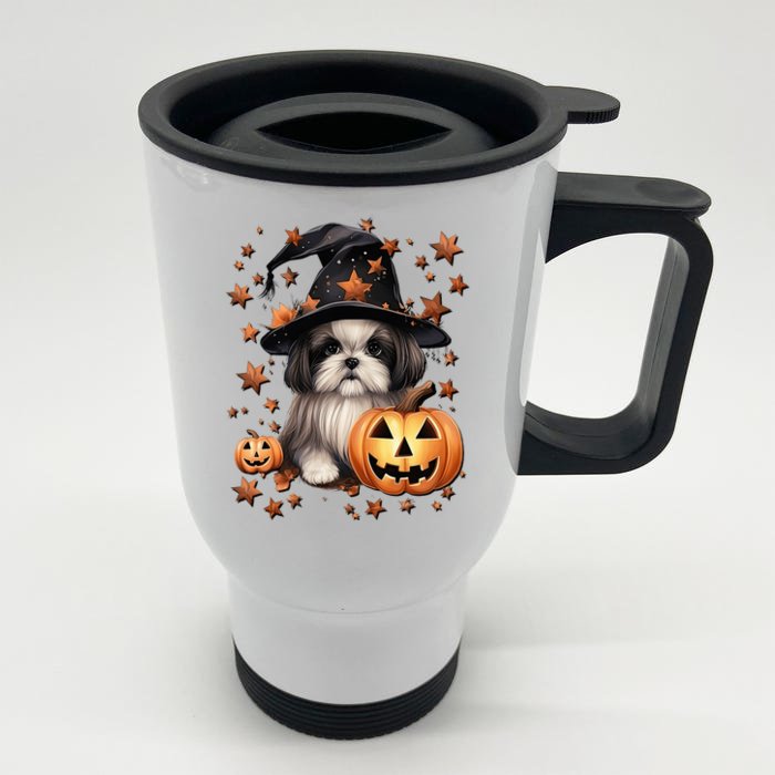 Cute Halloween Dog Graphic Shih Tzu Dog Mom Orange Halloween Front & Back Stainless Steel Travel Mug