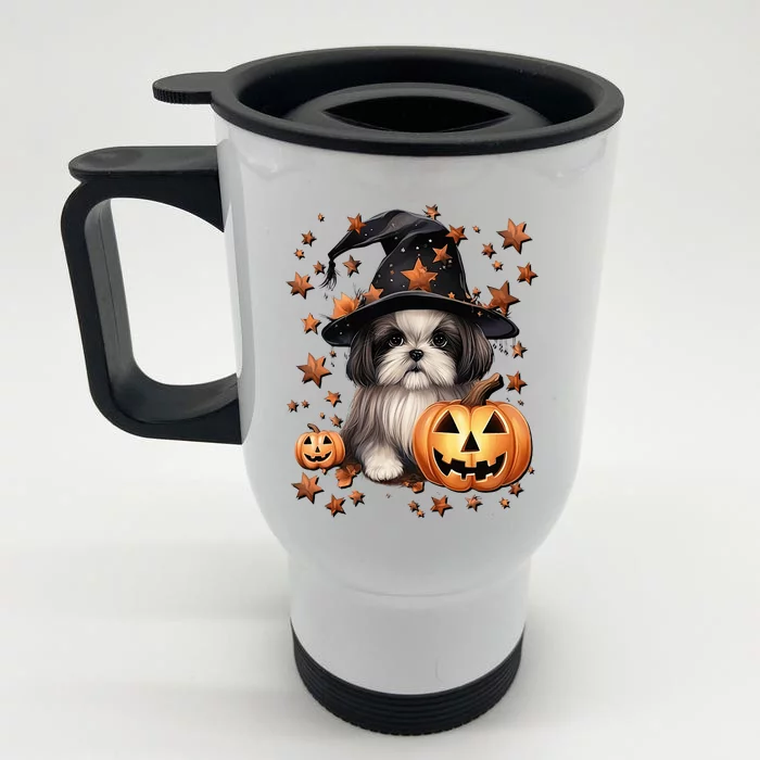 Cute Halloween Dog Graphic Shih Tzu Dog Mom Orange Halloween Front & Back Stainless Steel Travel Mug