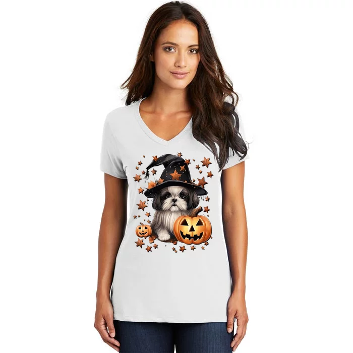 Cute Halloween Dog Graphic Shih Tzu Dog Mom Orange Halloween Women's V-Neck T-Shirt