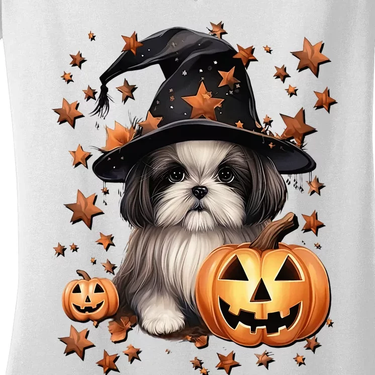 Cute Halloween Dog Graphic Shih Tzu Dog Mom Orange Halloween Women's V-Neck T-Shirt