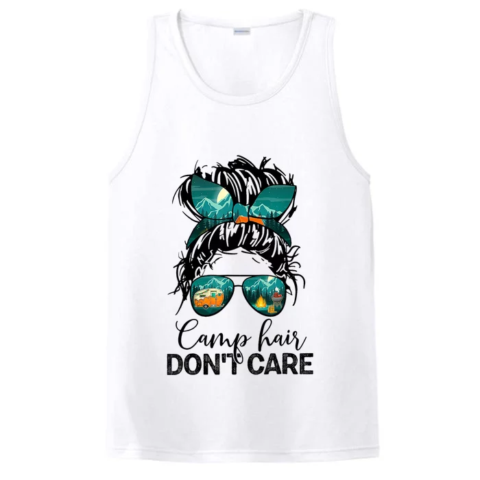 Camp Hair Dont Care Womens Camper Camping Messy Bun Hair Performance Tank