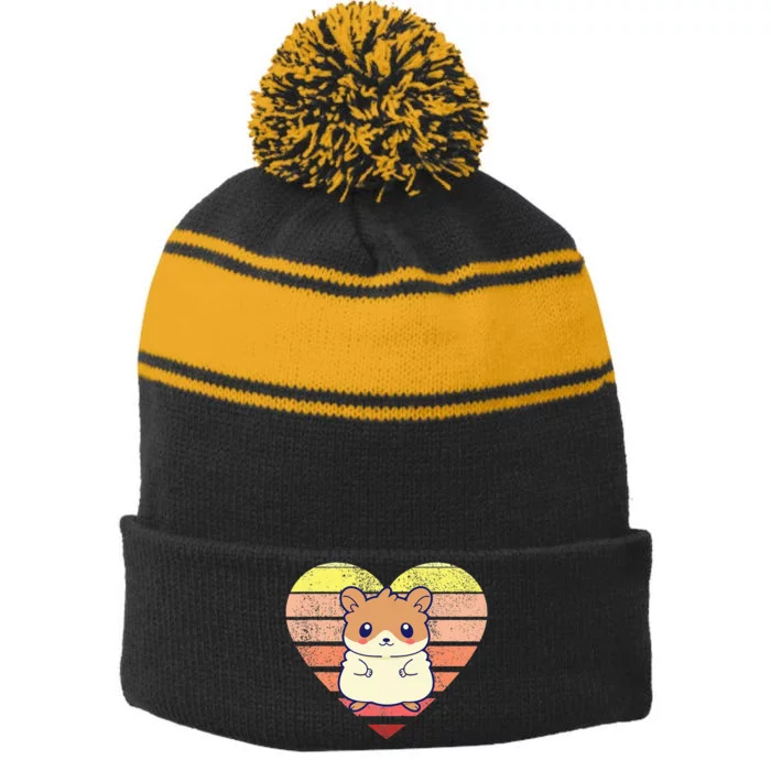 Cute Hamster Design Retro Heart Shape Vintage Stripe Pom Pom Beanie