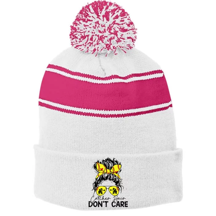 Catcher Hair Dont Care Messy Bun Softball Girl Stripe Pom Pom Beanie