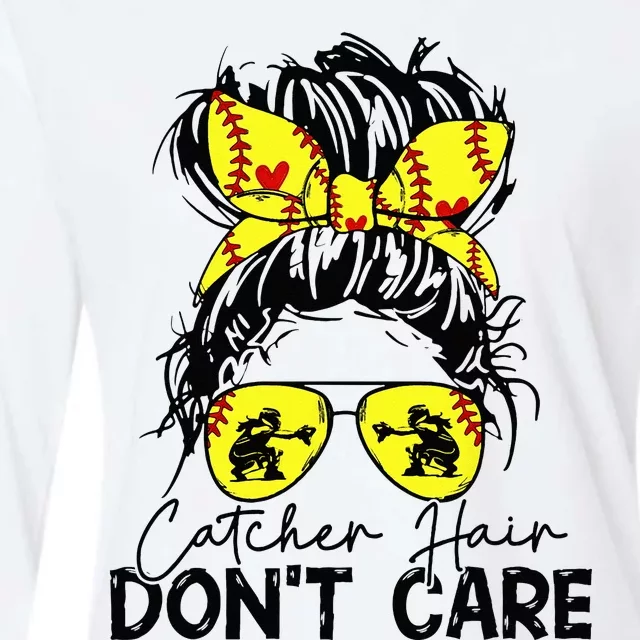 Catcher Hair Dont Care Messy Bun Softball Girl Womens Cotton Relaxed Long Sleeve T-Shirt