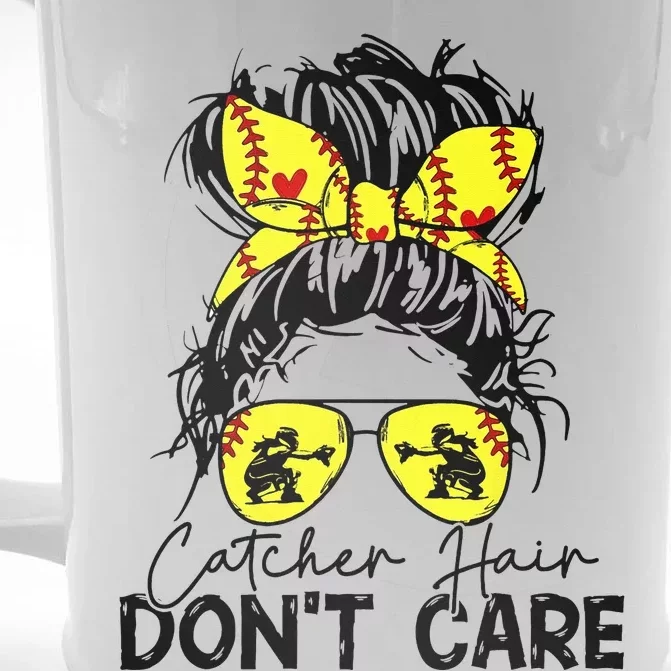 Catcher Hair Dont Care Messy Bun Softball Girl Front & Back Beer Stein