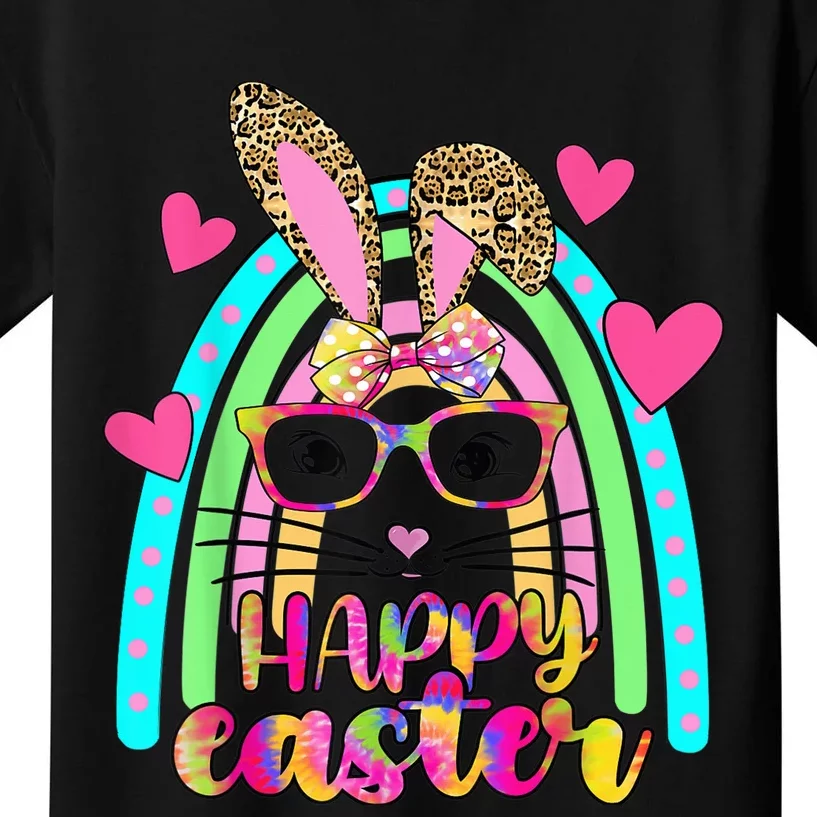 Cute Happy Easter Day Bunny Bow Leopard Rainbow Tie Dye Kids T-Shirt