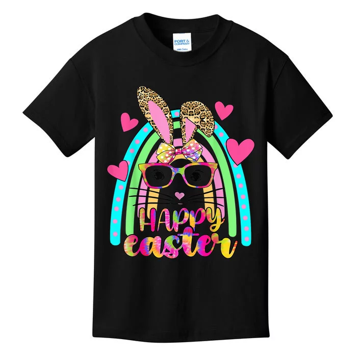 Cute Happy Easter Day Bunny Bow Leopard Rainbow Tie Dye Kids T-Shirt