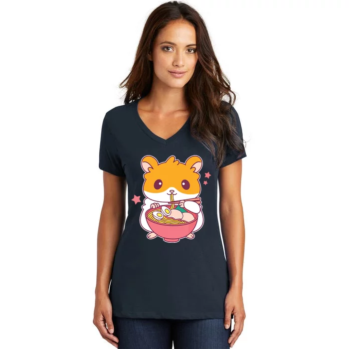 Cute Hamster Eating Ramen Hamster Lovers Women's V-Neck T-Shirt