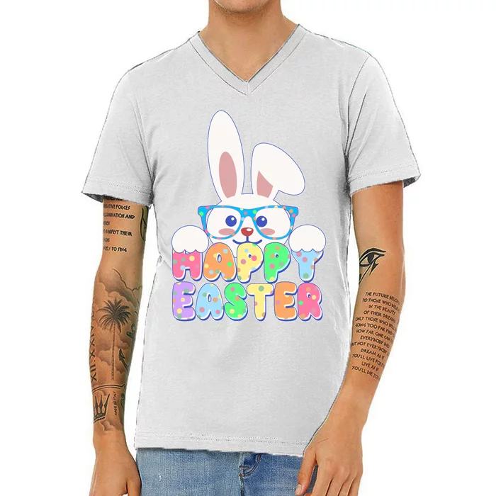 Cute Happy Easter Bunny Rabbit With Glasses V-Neck T-Shirt