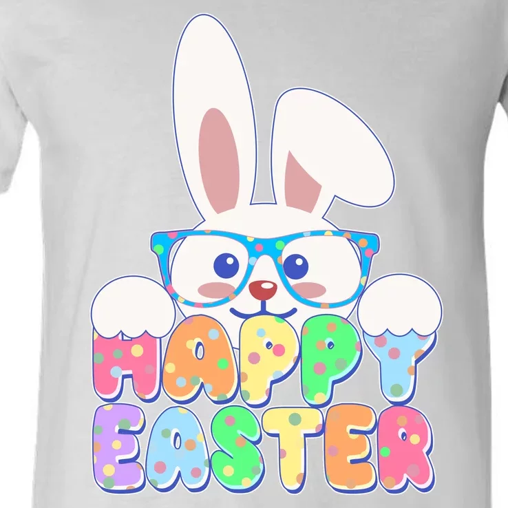 Cute Happy Easter Bunny Rabbit With Glasses V-Neck T-Shirt