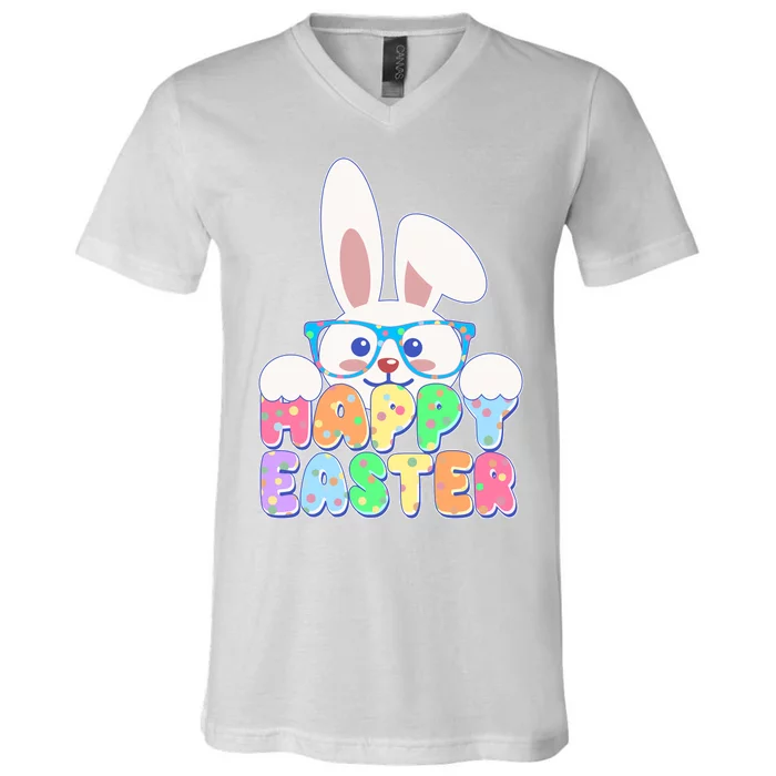 Cute Happy Easter Bunny Rabbit With Glasses V-Neck T-Shirt