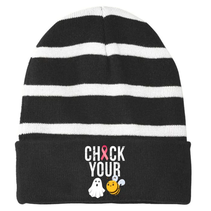 Check Your Boo Bees Breast Cancer Halloween Striped Beanie with Solid Band