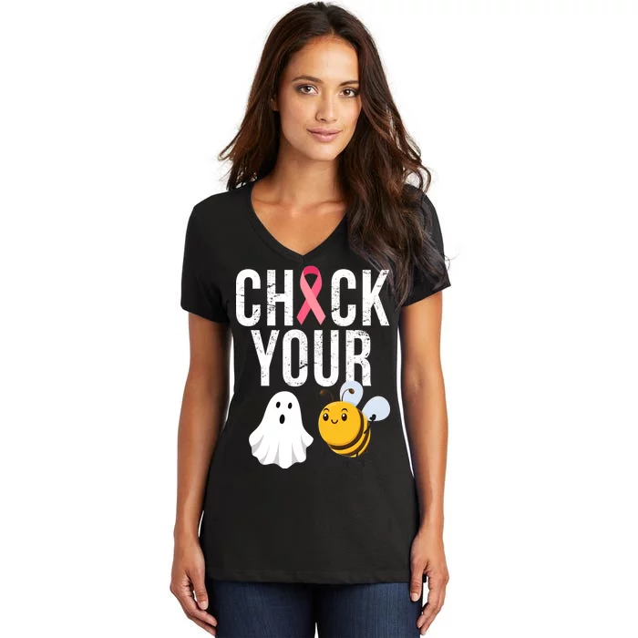 Check Your Boo Bees Breast Cancer Halloween Women's V-Neck T-Shirt