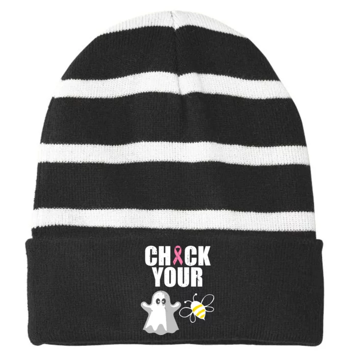 Check Your Boobies Breast Cancer Halloween Striped Beanie with Solid Band