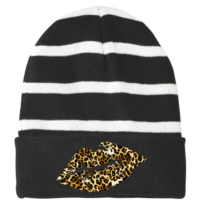 Cheetah Print Skinned Lips Striped Beanie with Solid Band