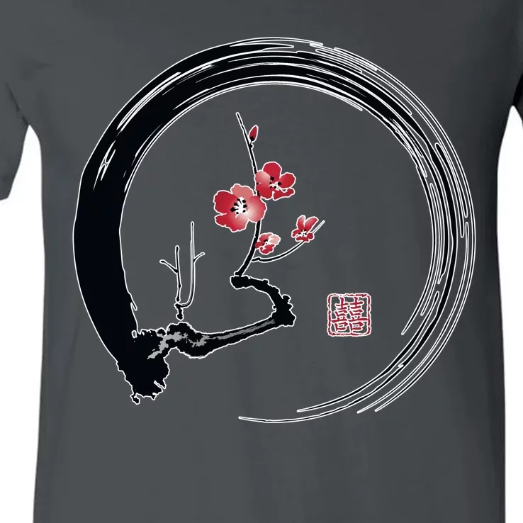 Cherry Blossom Japanese Ink Painting V-Neck T-Shirt