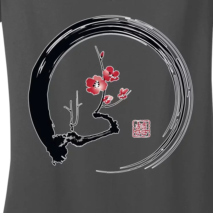 Cherry Blossom Japanese Ink Painting Women's V-Neck T-Shirt