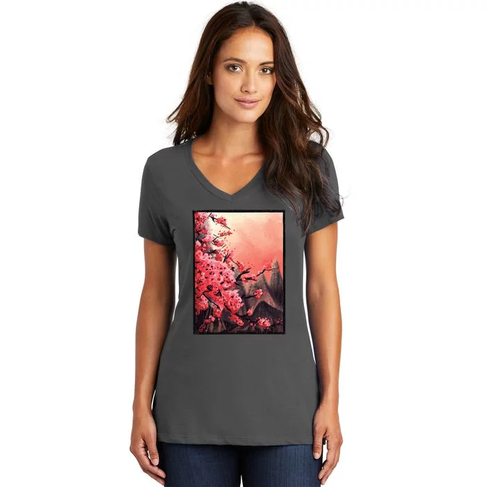 Cherry Blossom Painting Women's V-Neck T-Shirt