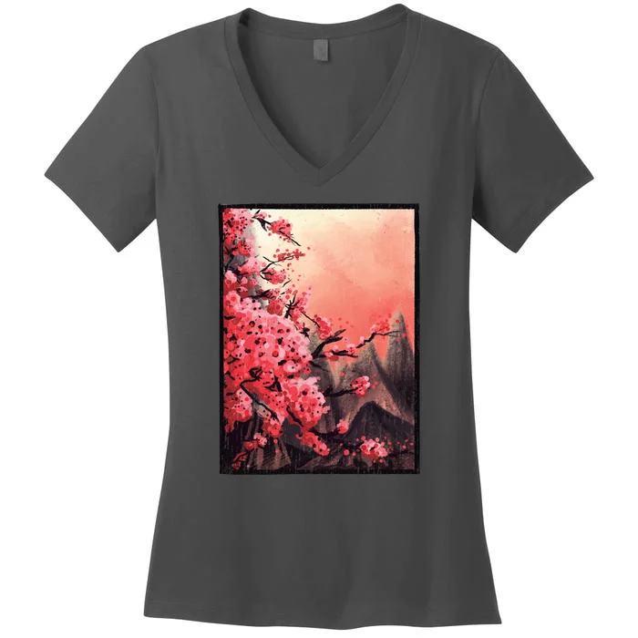 Cherry Blossom Painting Women's V-Neck T-Shirt