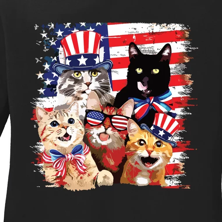 Cat Happy Freedom Day Cat Lovers Cat Moms 4th July American Ladies Long Sleeve Shirt