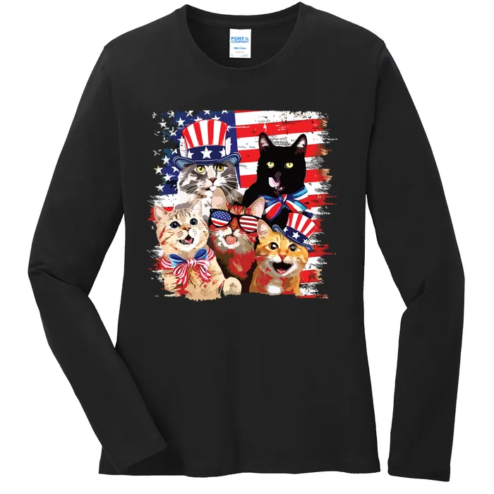 Cat Happy Freedom Day Cat Lovers Cat Moms 4th July American Ladies Long Sleeve Shirt