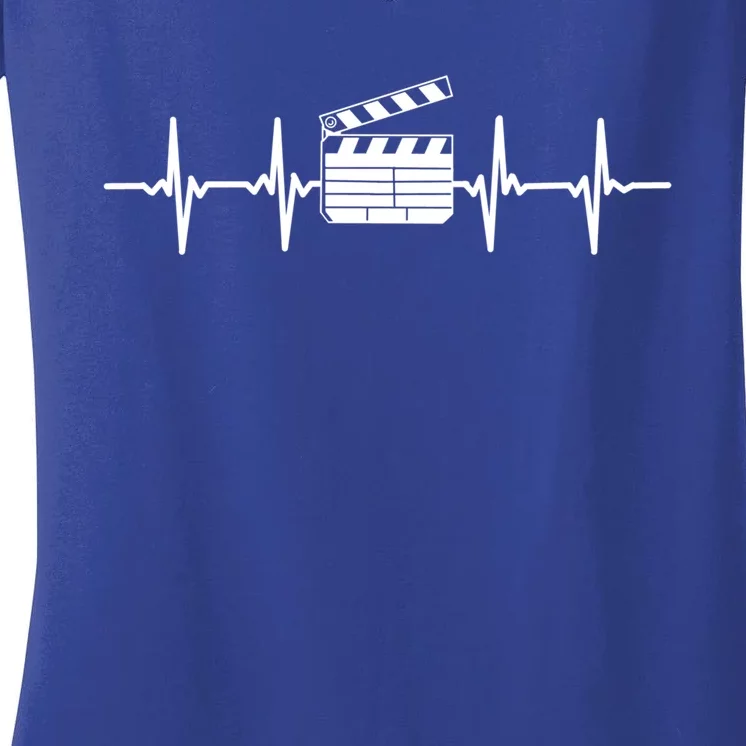 Clapperboard Heartbeat Funny Ekg Filmmaker Film Lover Gift Women's V-Neck T-Shirt