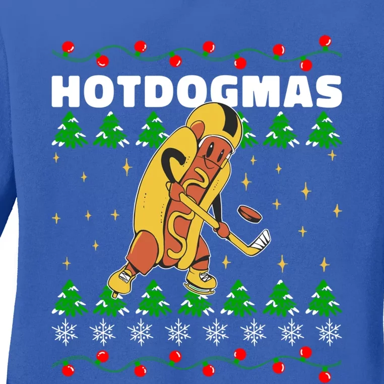 Christmas Hotdog Funky Food Playing Icehockey Funny Xmas Great Gift Ladies Long Sleeve Shirt