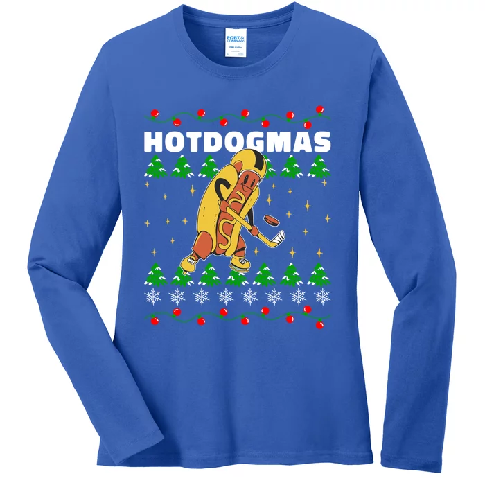 Christmas Hotdog Funky Food Playing Icehockey Funny Xmas Great Gift Ladies Long Sleeve Shirt