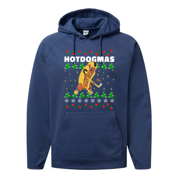 Christmas Hotdog Funky Food Playing Icehockey Funny Xmas Great Gift Performance Fleece Hoodie