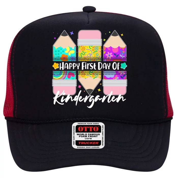 Cute Happy First Day Of Kindergarten High Crown Mesh Trucker Hat