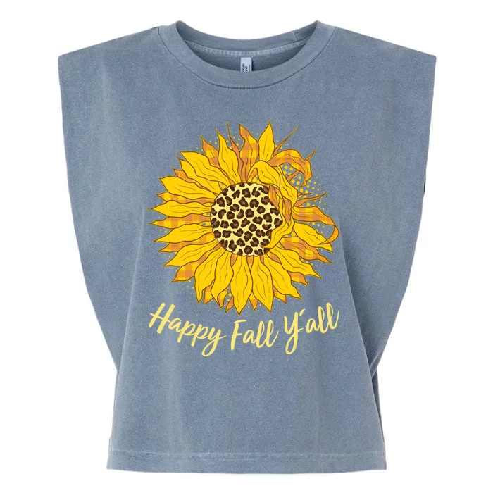 Cute Happy Fall Y'all Leopard Pattern Sunflower Garment-Dyed Women's Muscle Tee