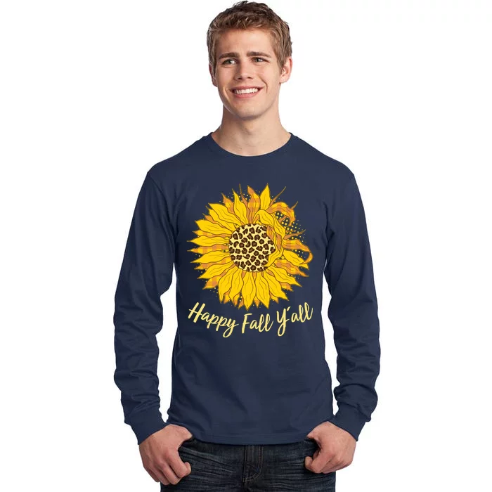 Cute Happy Fall Y'all Leopard Pattern Sunflower Tall Long Sleeve T-Shirt