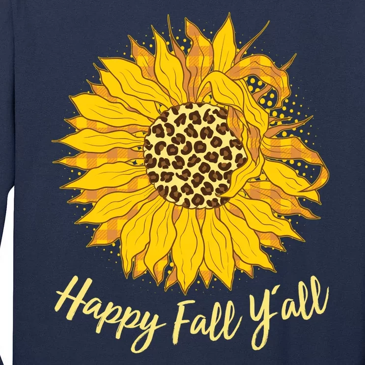 Cute Happy Fall Y'all Leopard Pattern Sunflower Tall Long Sleeve T-Shirt